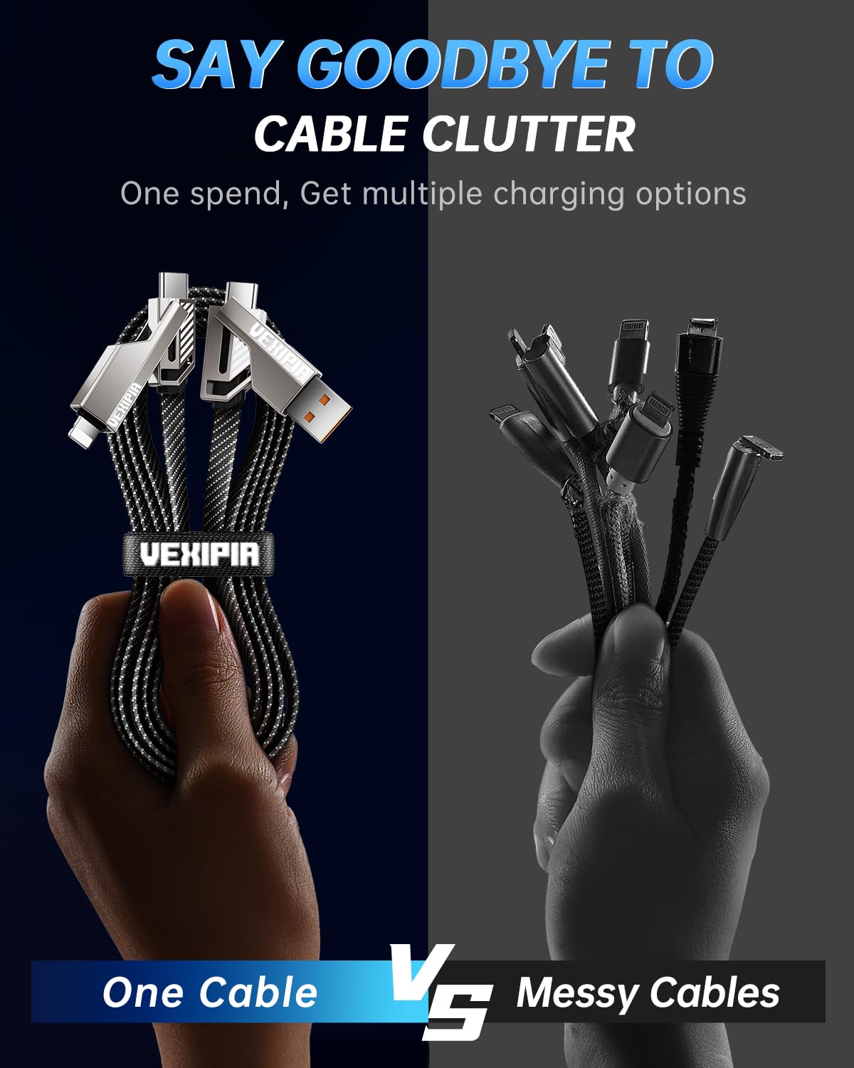 [Upgraded] Vexipia 4-in-1 Long USB C Cable 45W 10FT Lightning Cable Fast Charging Flat Nylon Braided for iPhone iPad Charger Cord[480Mbps Data Sync] Multi Charge Combo with Lightning/Type C/USB A Port