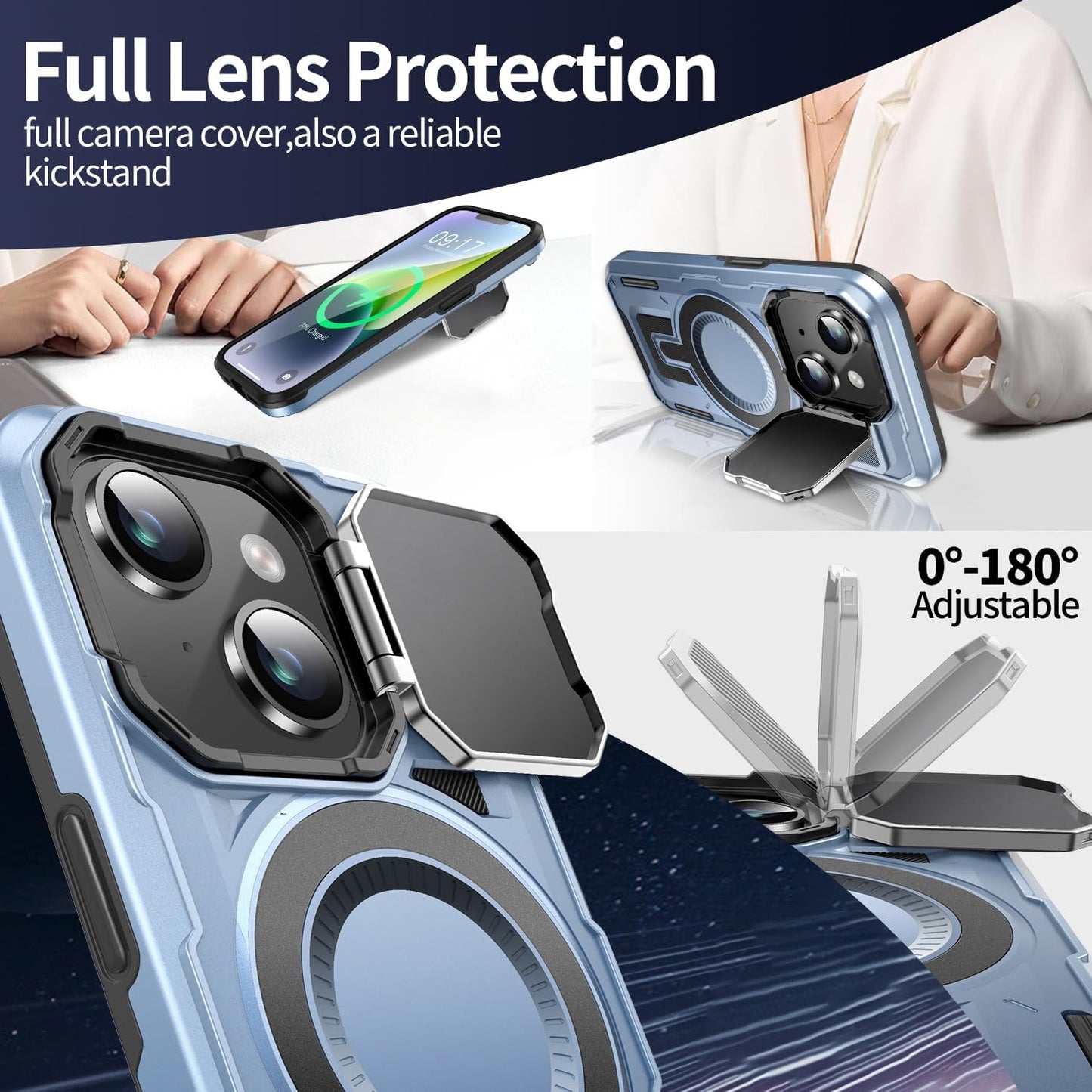 Camera Stand Case for iPhone 13/14, [Compatible with MagSafe] [Lens Cover] 2024 Version Military Grade Protective Soft Case for iPhone 13/14 6.1 inch Men Women, Blue