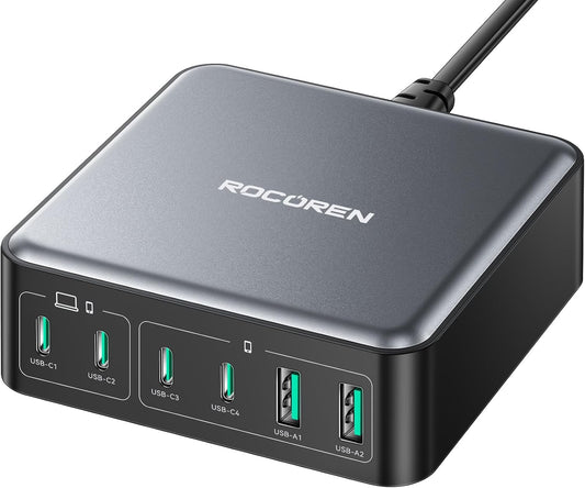 270W USB C Charger Block, Rocoren 6 Port Multi USB-C Charging Station,100W PD Fast USBC Gan Charger Station Hub Dock for Multiple Devices, Laptop Type C for MacBook/iPhone 16/iPad/Galaxy S25