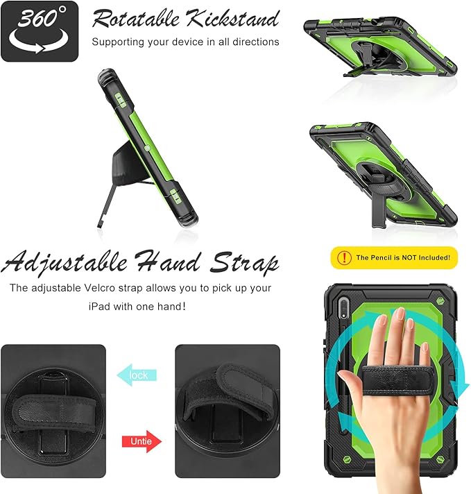 Case for Samsung Galaxy Tab S8/S7 11-inch 5G Tablet Case 2022/2020 [with Tempered Glass Screen Protector], 360° Rotating Kickstand/Hand & Shoulder Strap/S Pen Holder (Green)
