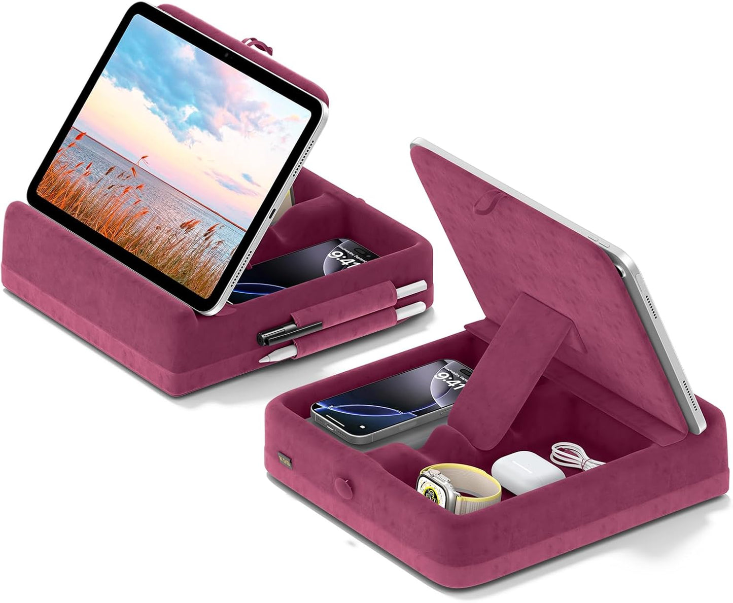 KDD Tablet Pillow Stand with Storage, Foldable iPad Holder for Lap, Desk and Bed, Angle Adjustable Soft Pad Dock with Stylus Mount Compatible with iPad Pro, Air, mini, Book, Phone and Tablet (4-13")