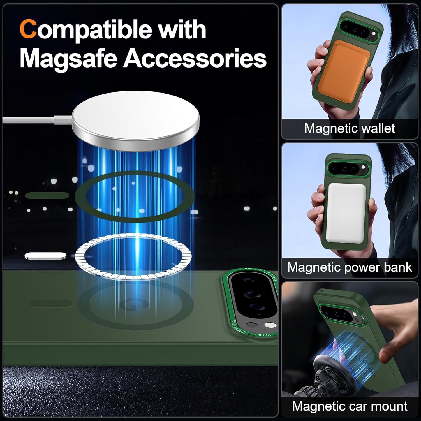 Magnetic for Google Pixel 9 Pro XL Case, [Military Grade Drop Protection] [Compatible with MagSafe] Shockproof Slim Translucent Matte Anti-Slip for Women Girls Men Case, Forest Green