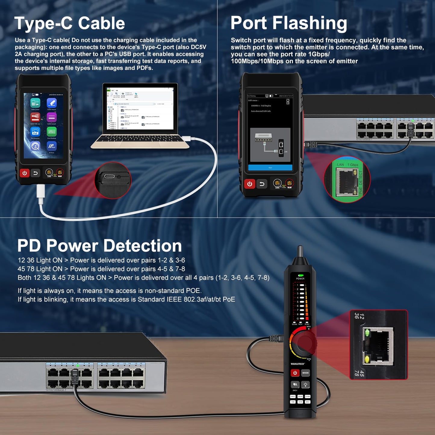 Rechargeable Network Cable Tester, WANLUTECH Tone Generator with Probe Support Digital Multimeter Optical Power Meter Visual Fault Locator Network Test PoE Test Cable Continuity Testing (LT-600M)