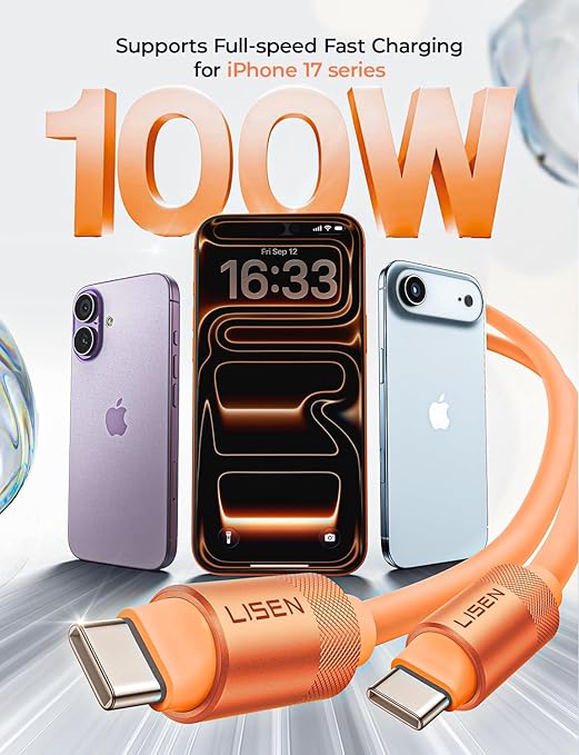 LISEN for iPhone Air 17 Charger Cord USB Cable 10FT, Chubby 100W Soft Silicone USB C to USB C Fast Charging Cable, Long USBC to USBC for iPhone 17 16 15, Samsung S25, MacBook Pro/Air, Orange