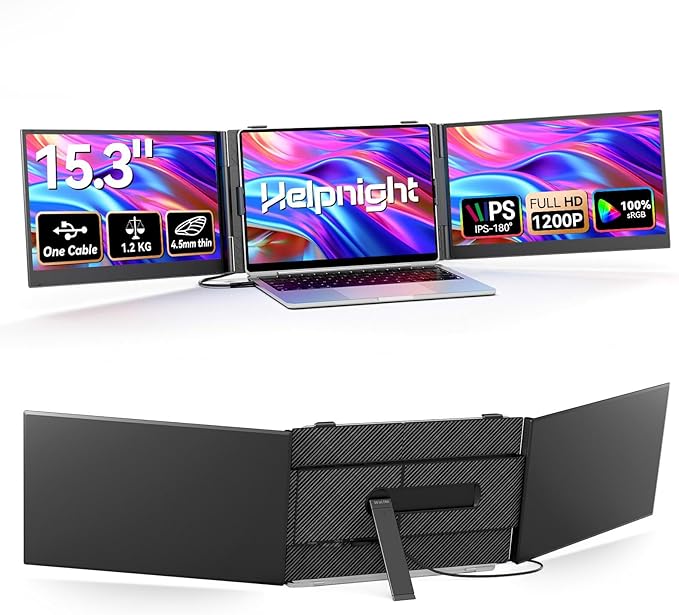 15.3" Laptop Triple Screen Extender Portable, One Cable Connection Laptop Monitor FHD 1080P IPS, Ultra Thin Dual Monitor for 13-17" Laptops, Plug & Play Compatiable with Win/Mac/Chrome/Android/Switch