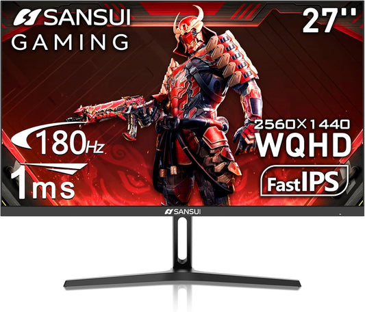 SANSUI 27 Inch WQHD 2560 x 1440 IPS Gaming Monitor, 180Hz 1ms Computer Monitor, DP 1.2 x2 | HDMI 2.0 x2 | VESA Mount, 120% sRGB HDR Eye Care Metal Stand (DP Cable Included)