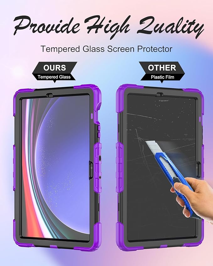 Case for Samsung Galaxy Tab S10 Plus/ S9 FE Plus/ S9 Plus 5G Tablet 12.4'', Shockproof Protective Cover with [Tempered Glass Screen Protector], Stand, Shoulder Strap & S Pen Holder (Purple)