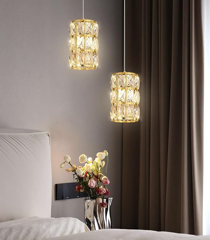 2-Lights Modern Crystal Pendant Lights for Kitchen Island LED Dimmable Glam Pendant Lighting Chandelier for Dining Room Hallway Corner Lamp Gold