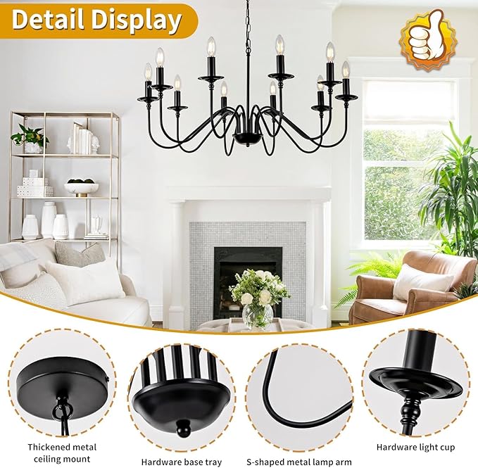 Black Farmhouse Chandeliers, 10 Light S-Arm Modern Candle Hanging Pendant Light, Industrial Rustic Metal Ceiling Kitchen Island Lights for Living Room, Entryway, Foyer, Bedroom, Dining Room