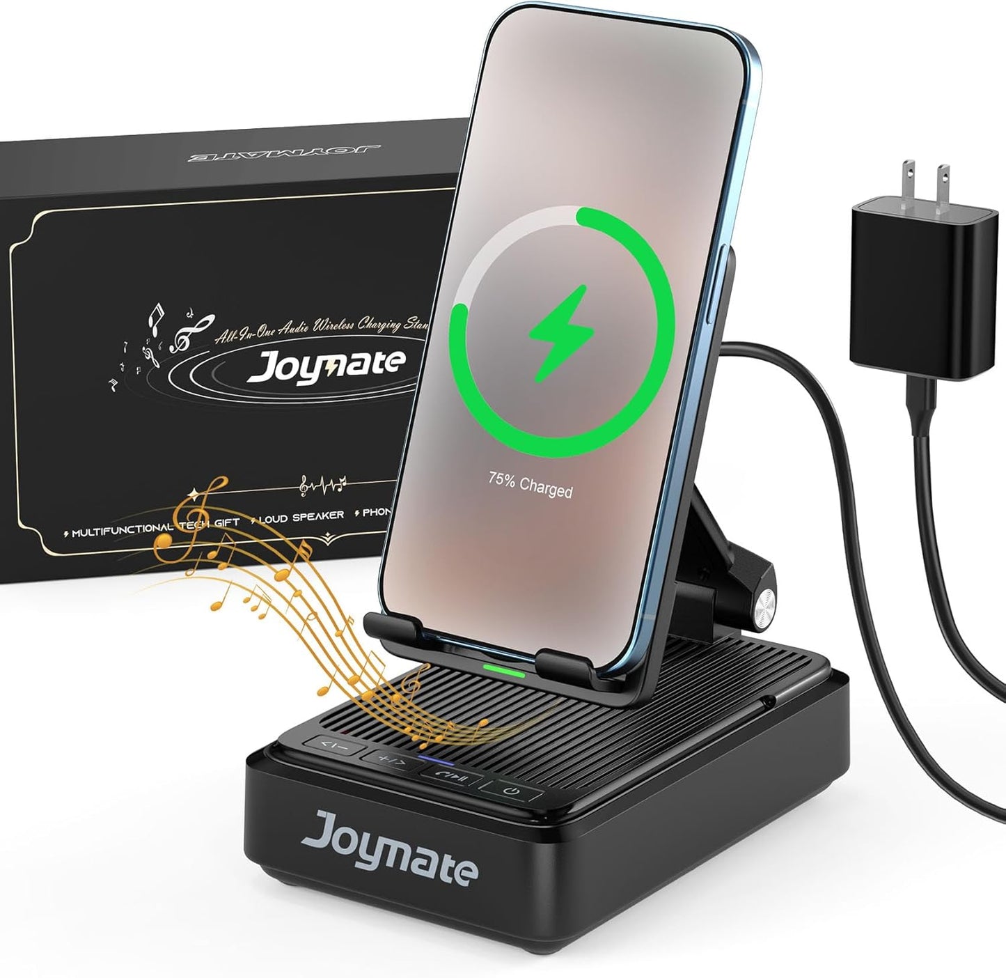 Gifts for Men and Women, Wireless Phone Charger Stand with Bluetooth Speaker and Adjustable Angle Phone Holder for Desk Tech Gift for Birthday/Anniversary (Black)