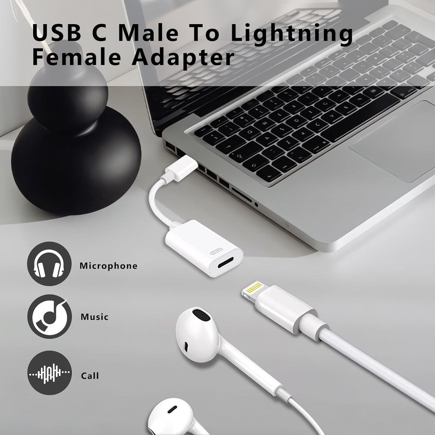 USB C to Lightning Headphone Audio Adapter, Type C Male to Female Lightning Earphone Converter with Charge/Data Transfer, Compatible with iPhone 17/16/15 Plus/Pro/Max, iPad Pro/Air, MacBook（2 Pack）