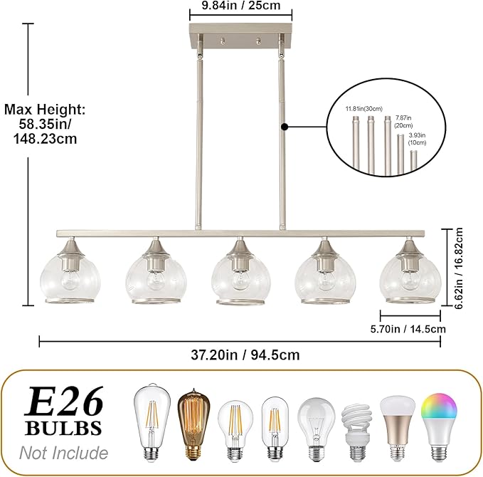5 Light Round Linear Chandelier Nickel Modern Glass Hanging Light Minimalist Clear Kitchen Chandeliers Hight Adjustable for Dining Room Island Living Room (Nickel)