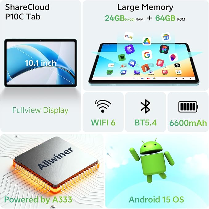 Tablet 10.1 inch, Android 15 Tablet with Case, 24GB RAM + 64GB ROM 1 TB Expandable, 1280x800 HD IPS Touch Screen, 8H Battery, WiFi 6, BT 5.4, Dual Camera (Blue)