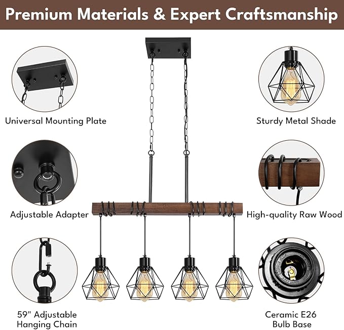 4-Light Modern Farmhouse Chandelier for Dining Room - Black Metal & Rustic Wood Kitchen Island Lighting with Adjustable Height, 29.5" Linear Pendant Light Fixture with Diamond Shades, UL Listed