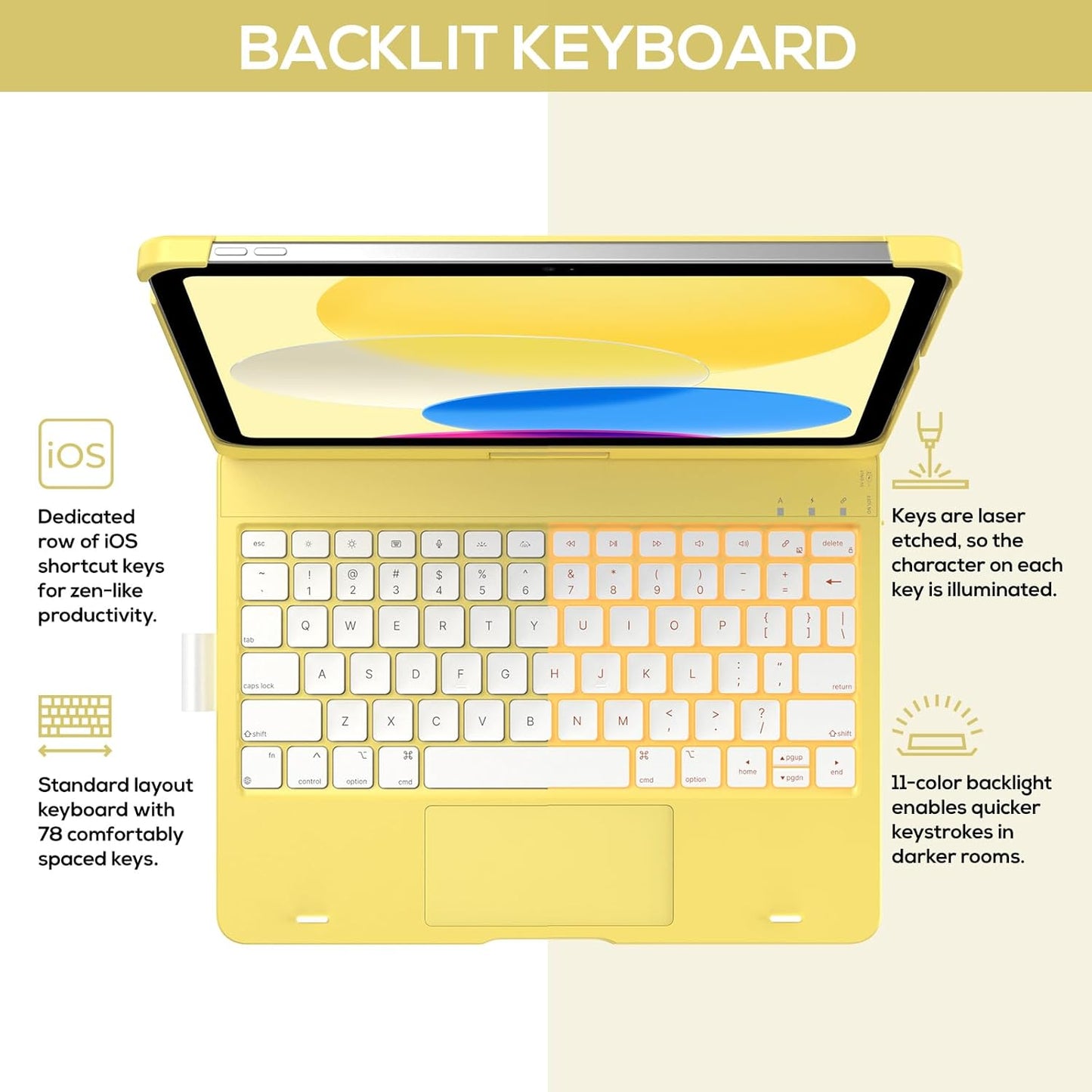 typecase Touch iPad 10th Generation Case with Keyboard (10.9", 2022) and iPad A16 (11th Gen, 2025) – 360° Rotatable, 11-Color Backlit, Multi-Touch Trackpad, Thin & Light (Yellow)