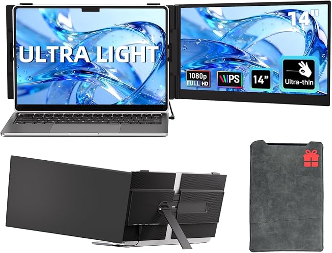 Laptop Screen Extender, 1.3lb Ultra Lightweight 14" 1080P FHD Portable Monitor for Laptop, Plug & Play Dual Travel Screen Monitor, Laptops Dual Monitors Attachment, Fits Windows/Mac/Android/Chrome