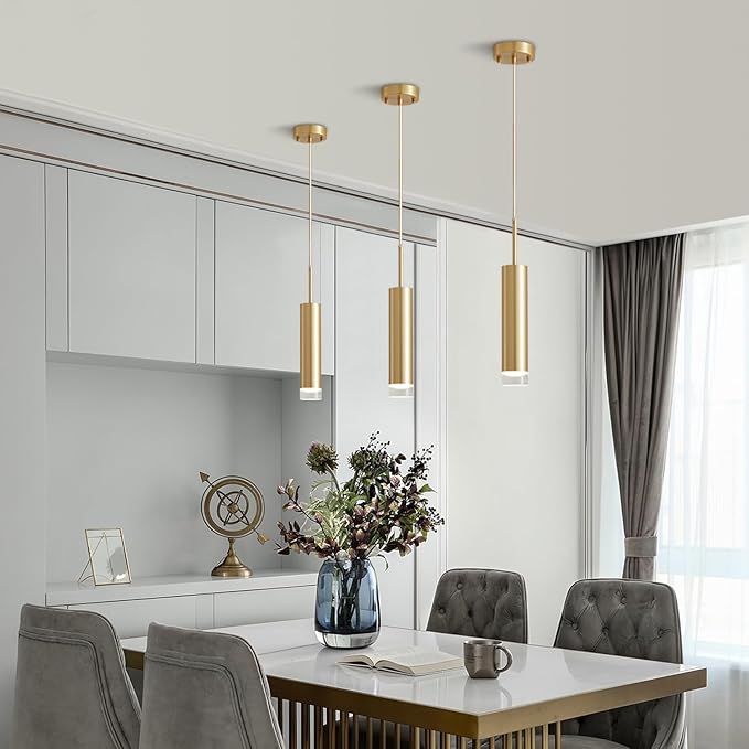 KCO Lighting Industrial Gold LED Long Tube Pendant Light Mid Century Modern Bushed Brass Mini Cylinder Pendent Lights Kitchen Island Small Hanging Ceiling Light Fixtures 3 Pack