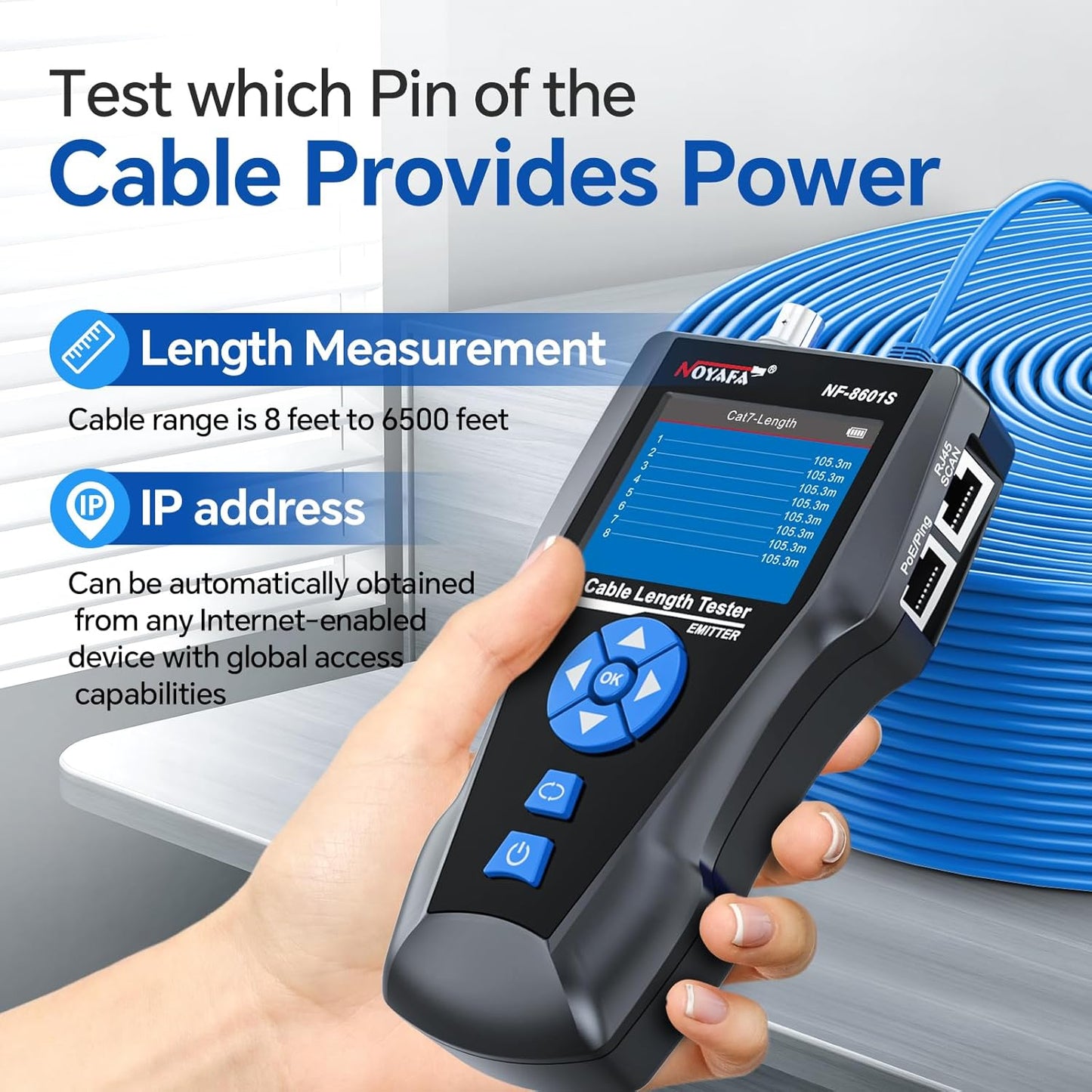 NOYAFA NF-8601S Network Cable Tester, Ethernet Tester Cable with LED Screen, PoE Test for RJ45/RJ11/BNC/Metallic Cable, Test Diagnostic Tool for PING Line Tracer, Crosstalk Test, Fault Location
