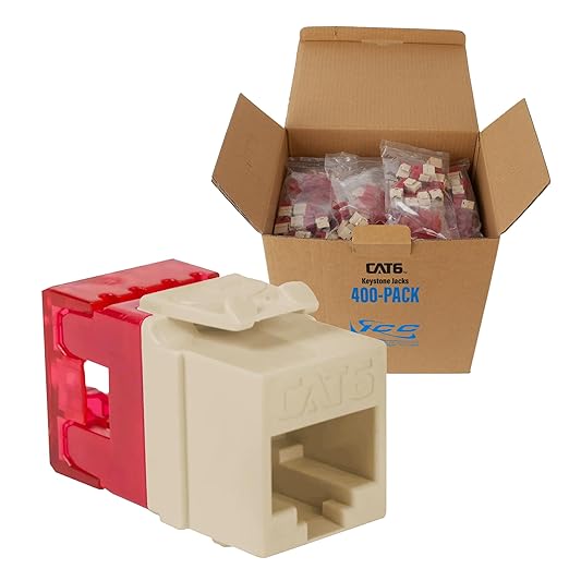 ICC CAT6 Keystone Jack with Slim Profile 180 Degree Punch Down, RJ45 UL Listed PoE++ TAA Compliant for Wall Plate or Patch Panel, Works with JackEasy Termination Tool, Ivory 400 Pack