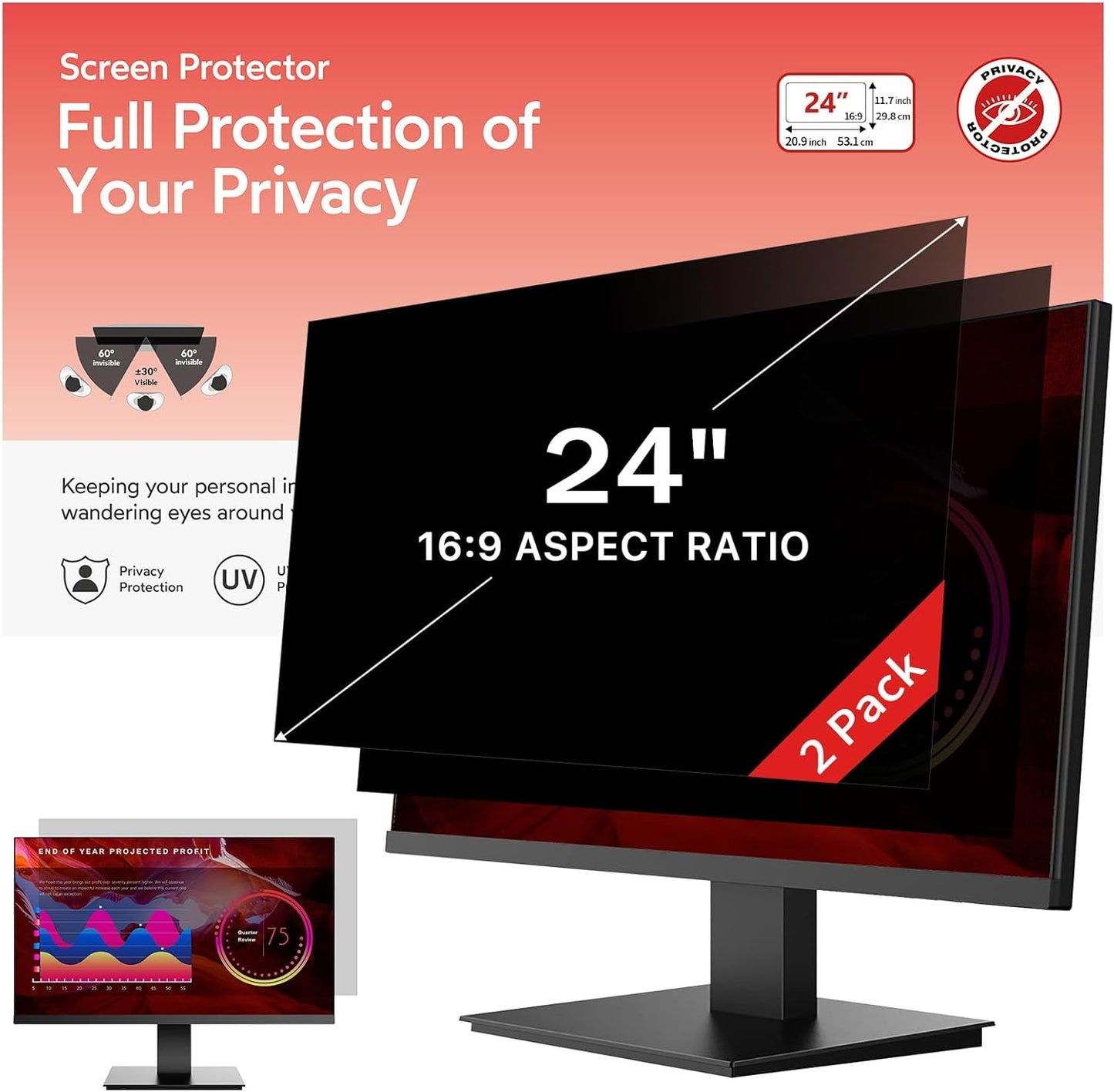 bersem 2 Pack 24 Inch Computer Privacy Screen for 16:9 Ratio Monitors, Anti-Glare, Blue Light Filter, Removable, UV-Blocking