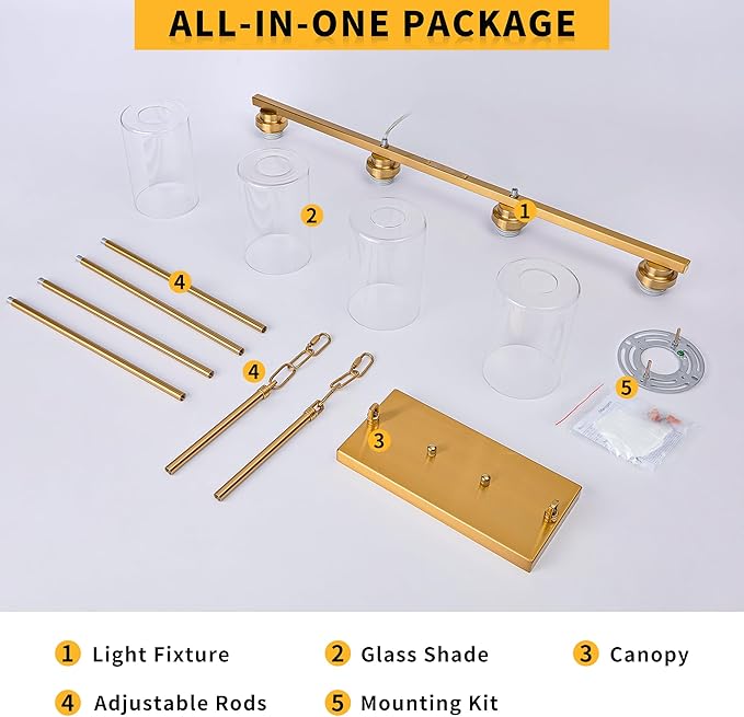 Island Light for Kitchen, Brushed Gold Dining Room Light Fixture Over Table, 4-Light Linear Chandelier Pendant Lighting for Dining Table Kitchen Island Living Room