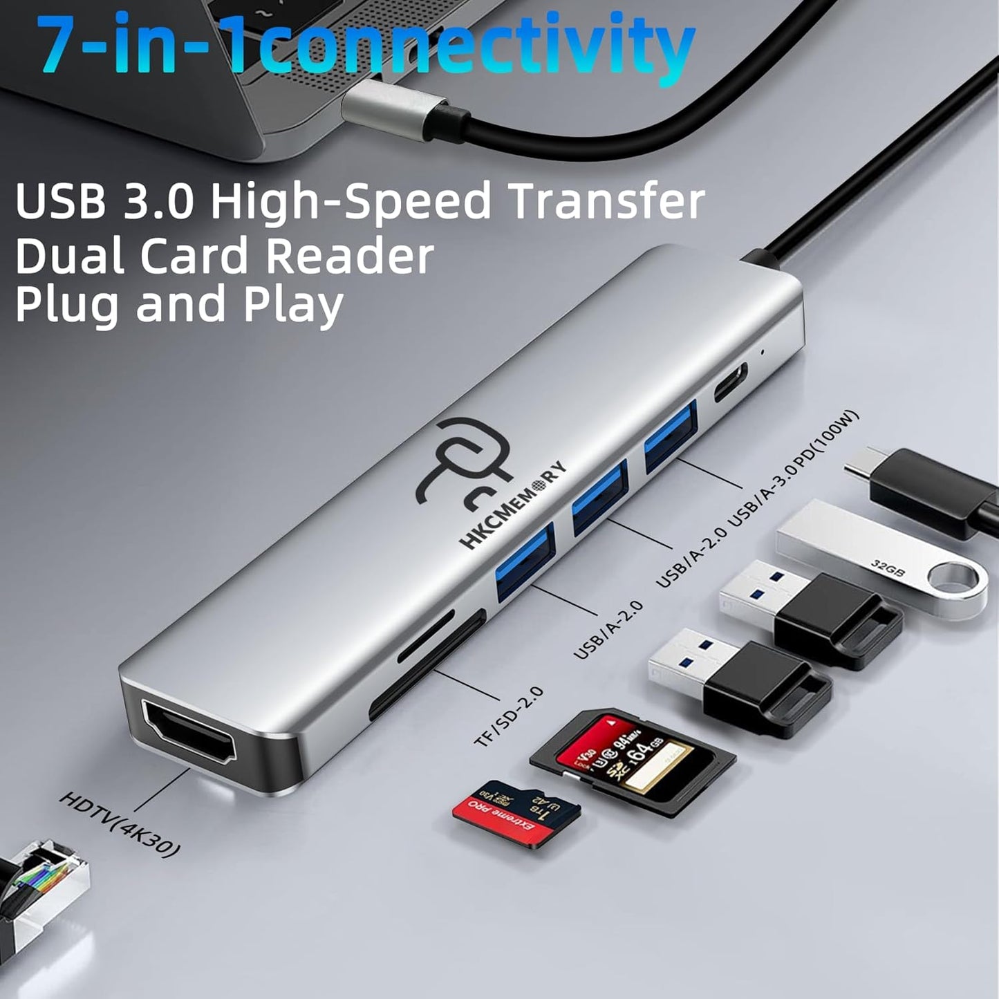 USB C Hub 7-in-1, 4K HDMI, 100W PD Charging, USB 3.0/2.0 Ports, SD/TF Reader, USB-C Data, for MacBook Pro/Air, iPad Pro, iPhone 16 Pro/Pro Max, Dell XPS, Steam Deck