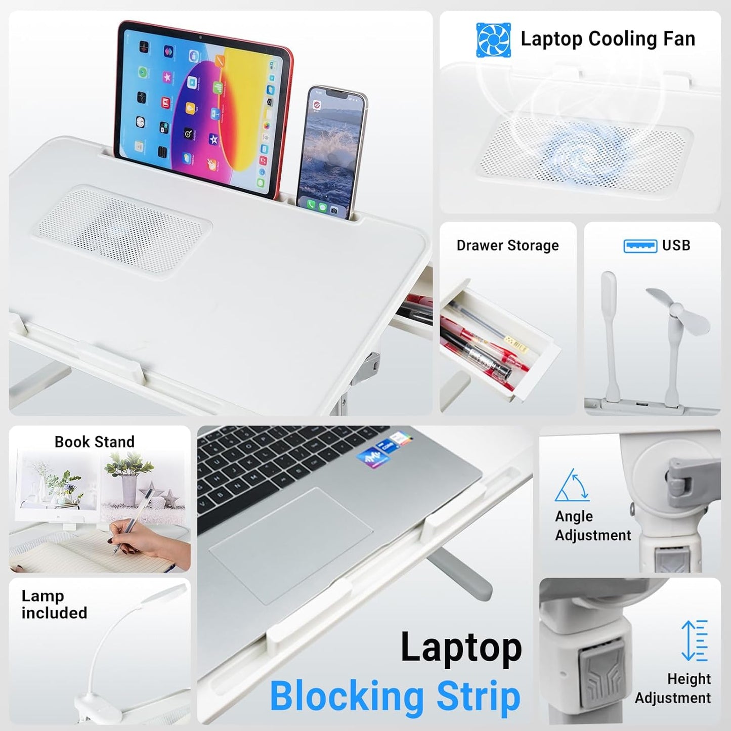 Laptop Lap Desk with Cooling Fan - Adjustable with Light, USB, Storage Drawer - Folding Bed Desk,23.62"*15.74",White