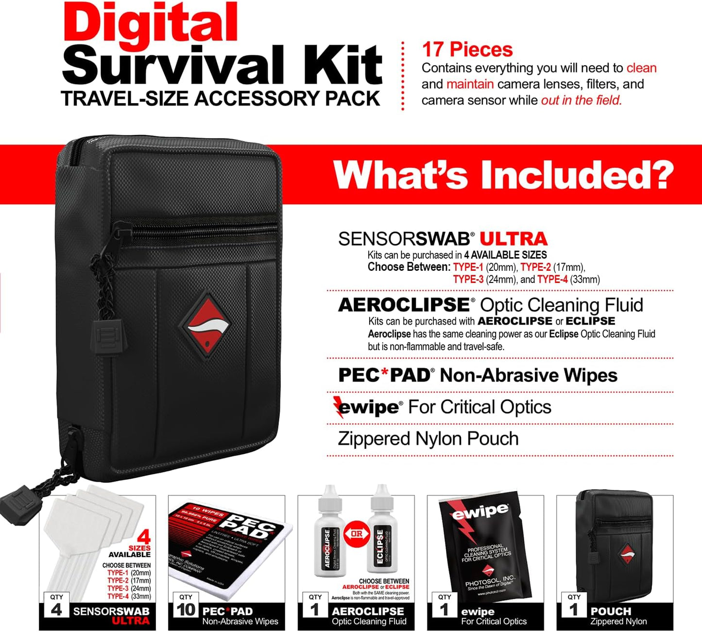Photographic Solutions Digital Survival Kit - Type-3 (24mm) Sensor Swabs, PEC-PAD Photo Wipes, E-Wipe Packet, Aeroclipse Optic Cleaner Non-Flamable Solution - Camera Cleaning Kit with Travel Bag