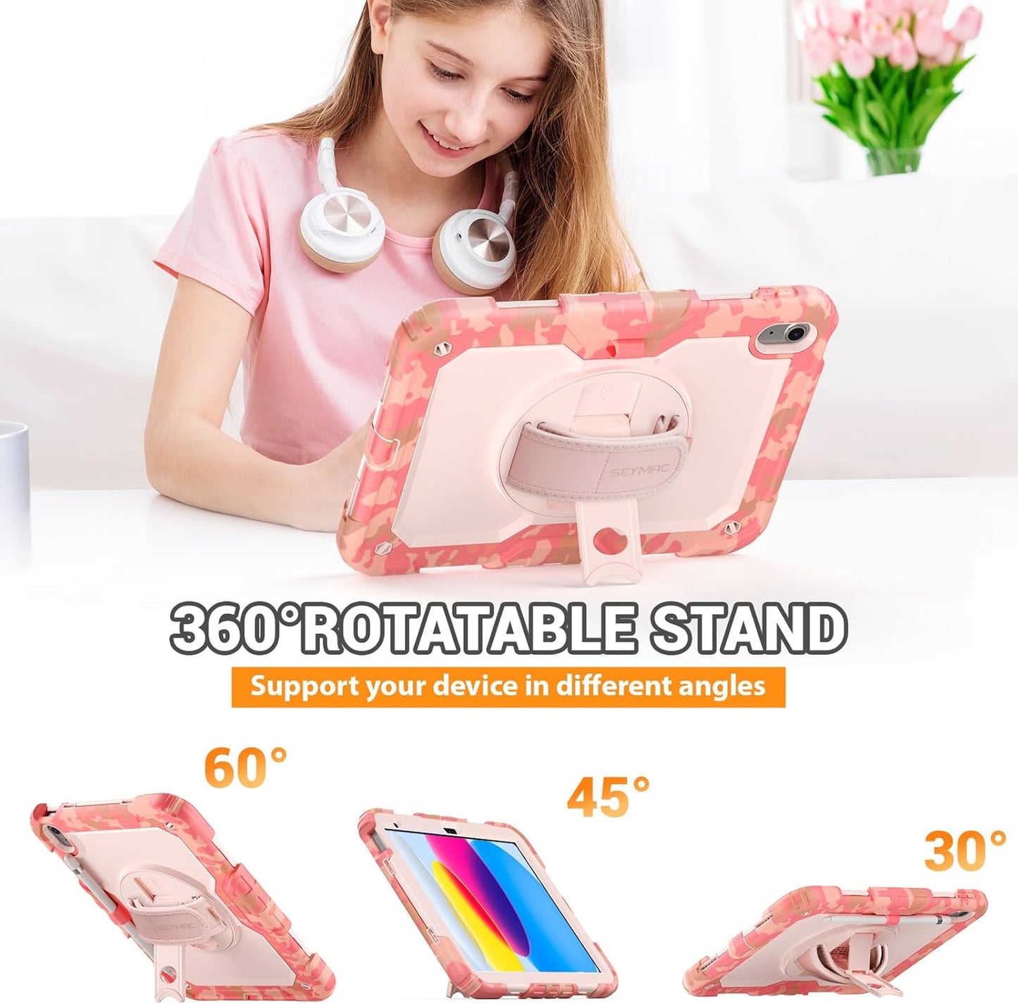 SEYMAC for iPad (A16) 11th/10th Generation 2025/2022 (11″/10.9″), Heavy Duty Full-Body Shockproof Protective Case with Screen Protector, Rotating Stand, Hand/Shoulder Strap, Multicolor/Pink