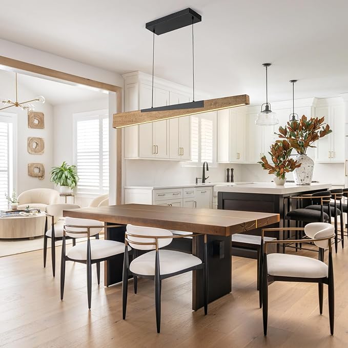 EDISLIVE 49.2 in Wood Linear LED Pendant Light Modern Dimmable LED Chandelier Adjustable Linear Hanging Light Fixture 3000K 25W Island Light for Dinning Room Kitchen Black Wood Tilted