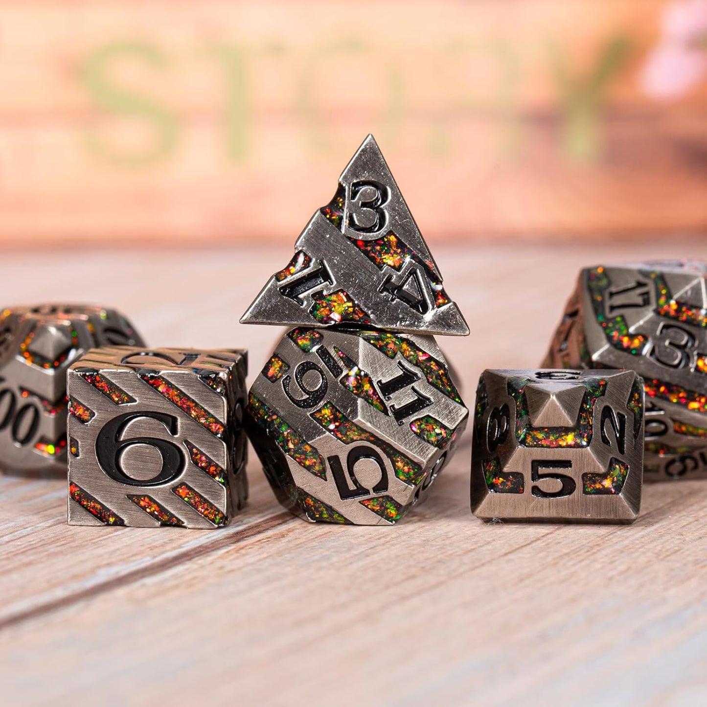 Anitque Metal Dice D&D,Metal Glitter Stripe Dice 7pcs Set with Gift Case,Polyhedral Dice for Role Playing Game (Antique Nickel Red)