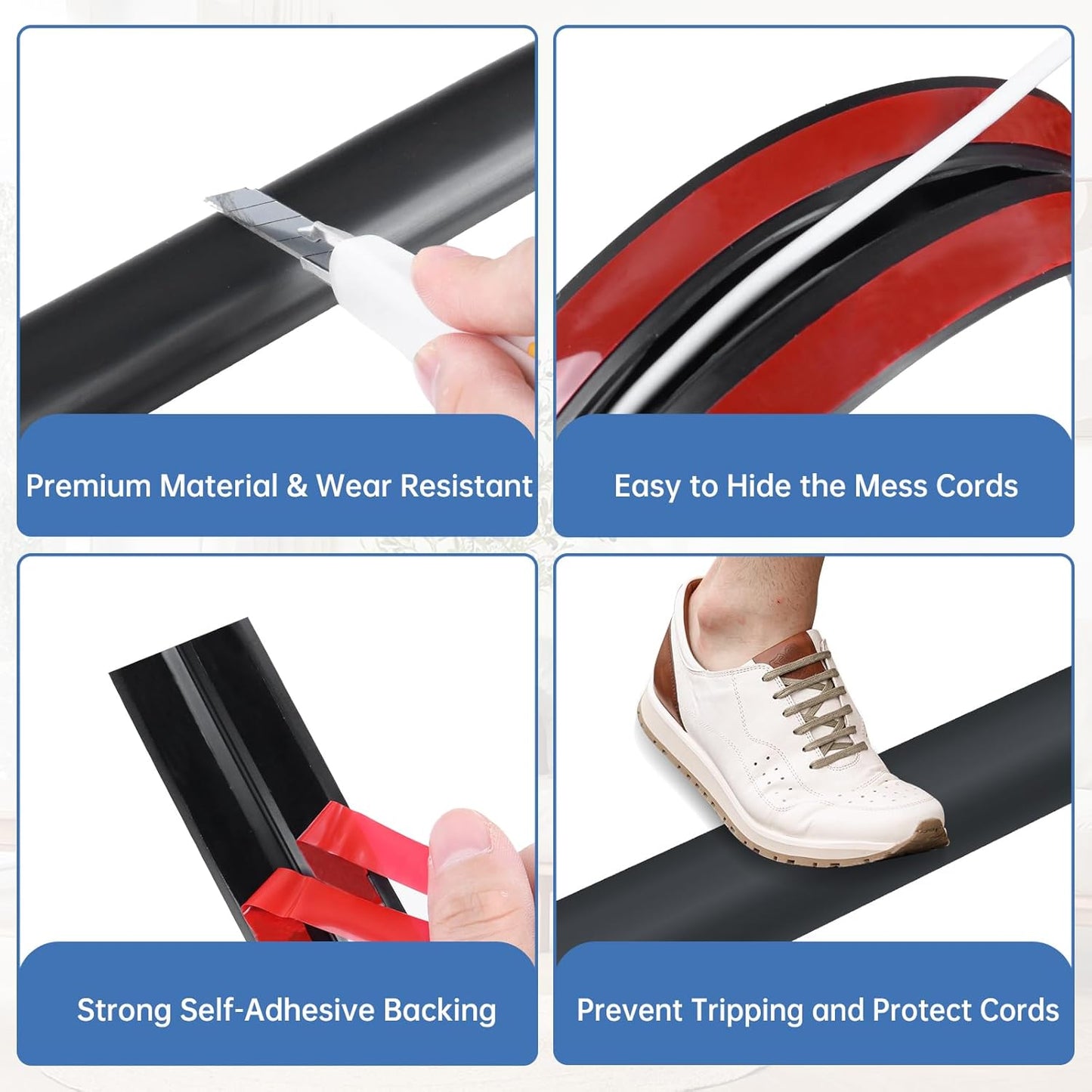 Floor Cord Cover Self Adhesive Cord Hider Floor Extension Cord Covers for Floor Power Cord Protector Cable Management Prevent Cable Trips Cable Cavity 0.32" W x 0.32" H (Black, 3.3Ft)