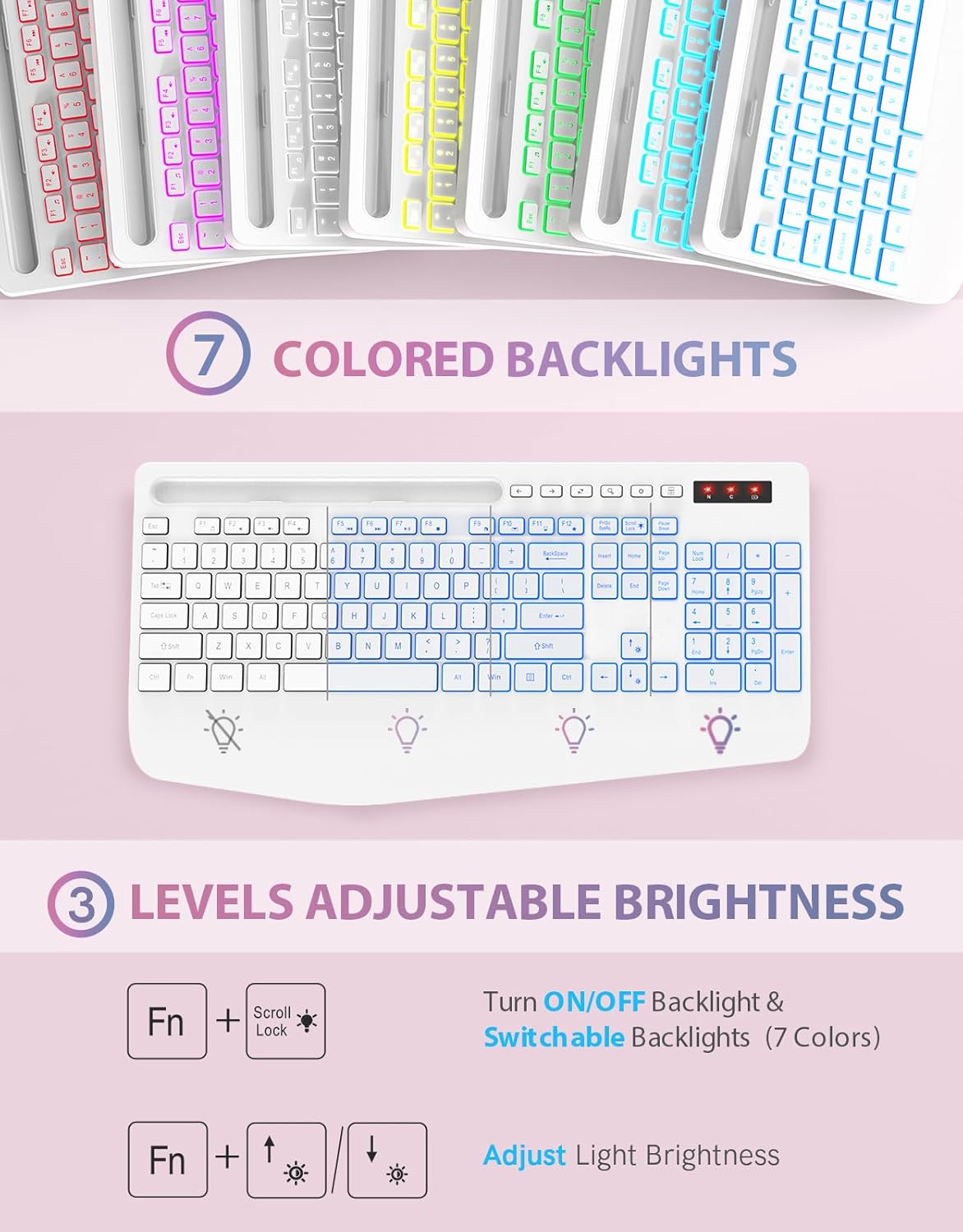Trueque Wireless Keyboard with 7 Colored Backlits, Phone Holder, Wrist Rest, Rechargeable Ergonomic Keyboard with Silent Light Up Keys, Cordless Computer Keyboard for Windows, Mac, Laptop - (White)