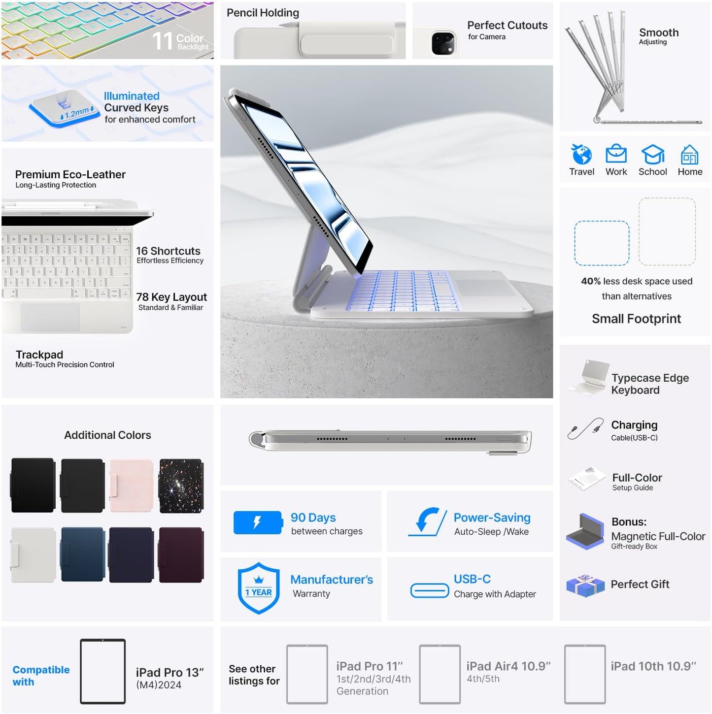 typecase Keyboard Case for iPad Pro 13-inch (M4) 2024,Magic Keyboard with 11 Colors Backlight for iPad Pro 13,Keyboard Case with Pencil Holder,Multi-Touch Trackpad, Easy-Set Magnetic Stand,(White)