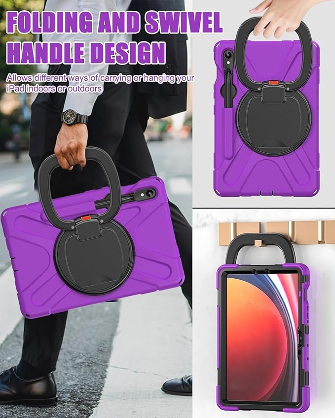 BRAECN Rugged Case for Samsung Galaxy Tab S10 Lite/S10 FE 2025 & S9 FE/S9/S8/S7 10.9/11 Inch | Shockproof Protective Silicone Cover with Rotating Stand, Kickstand, Shoulder Strap & Pen Holder, Purple
