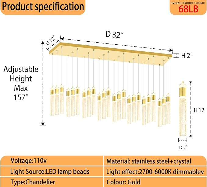 Glam Rectangular Crystal Column Chandelier for High Ceiling 24-Lights Gold LED Dimmable Pendant Light for Kitchen Island Dining Room Entrance Foyer Living Room Adjustable Height