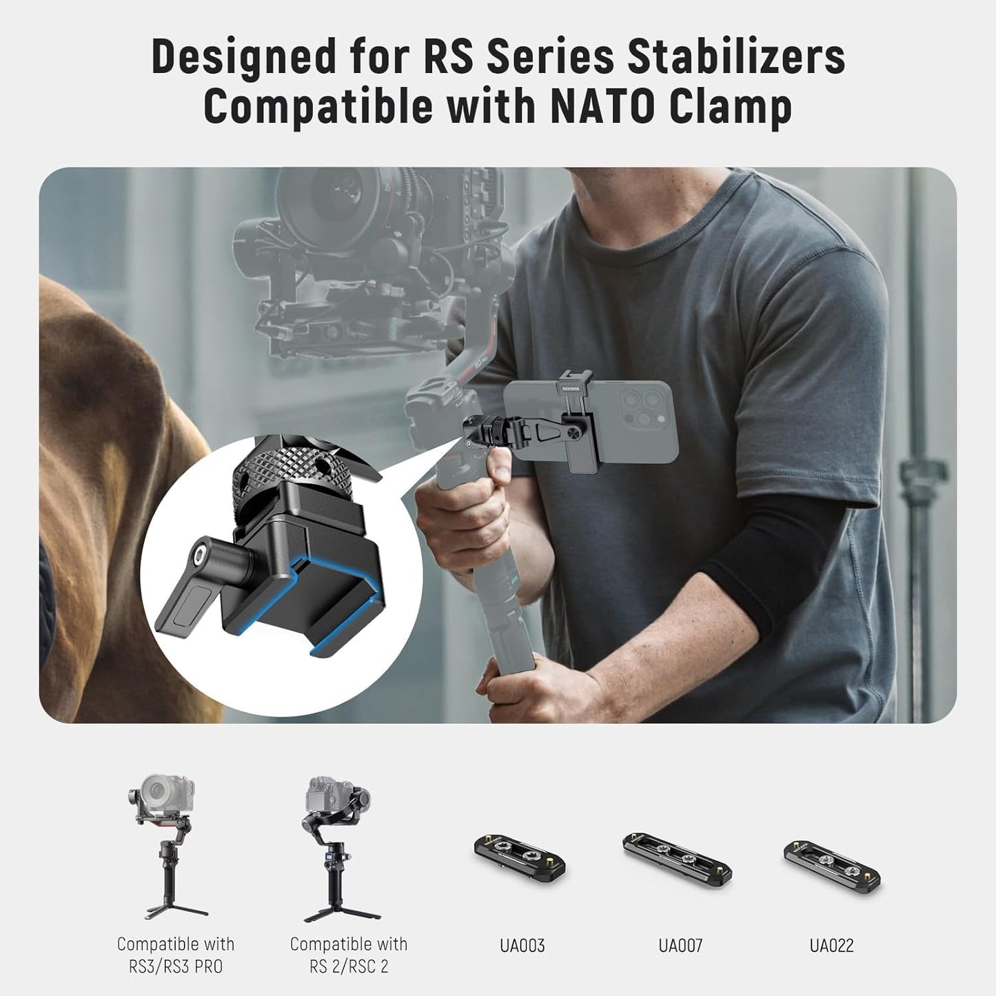 Neewer Metal Phone Tripod Mount with Cold Shoe Mount NATO Clamp Compatible with DJI RS4 RS3 Pro RS2 RSC2 Gimbal Stabilizer, 180° Tilt Phone Clip Holder Compatible with iPhone 15 Pro Camera Cage, GA010