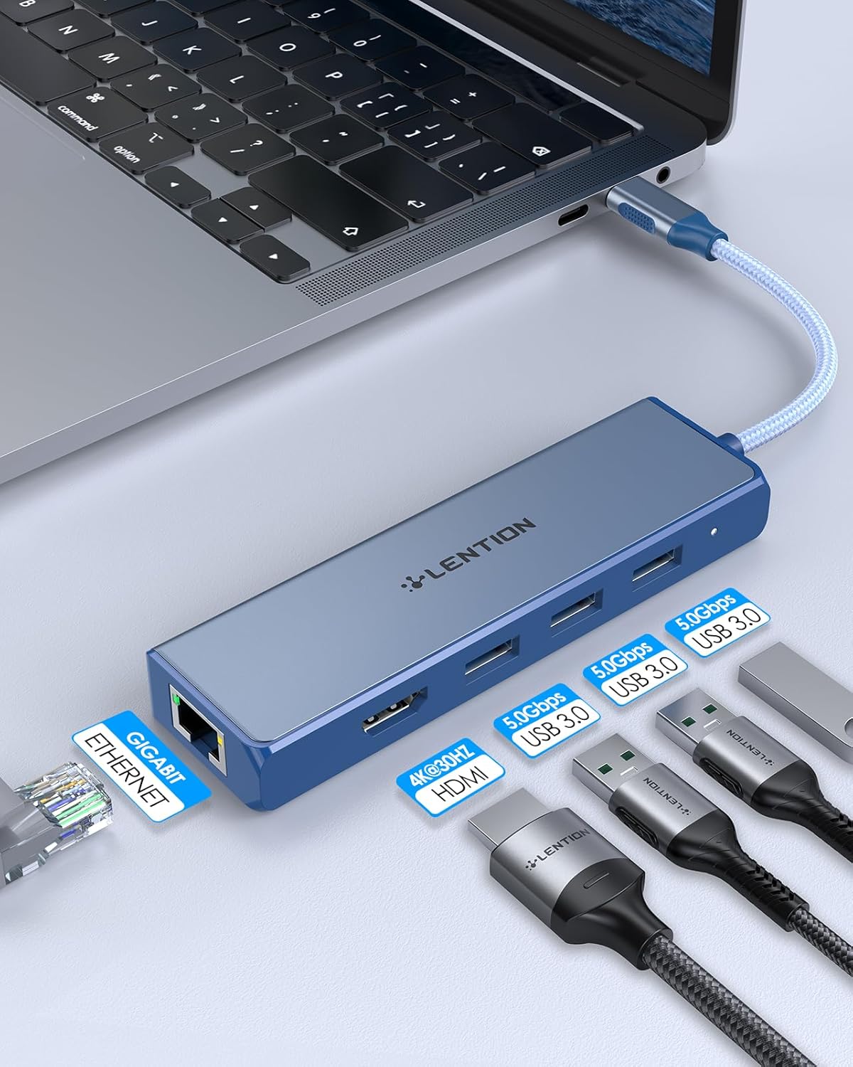 LENTION USB C Hub with Gigabit Ethernet Adapter, 4K HDMI, 3 USB 3.0 for 2023-2016 MacBook Pro 13/14/15/16, New Mac Air & Surface, Chromebook, More, Stable Driver Certified (CB-C25, Blue)