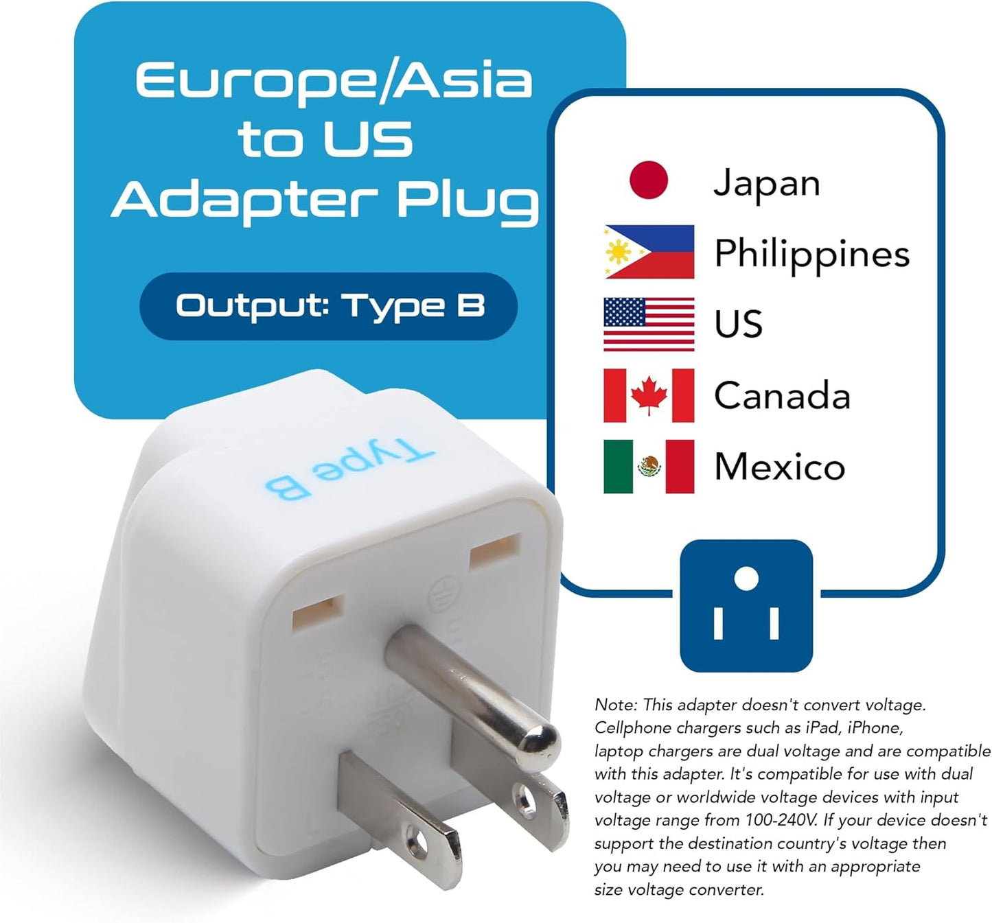 Ceptics Europe to US plug adapter, Type B USA Plug adapter compatible with plugs from Europe, India, and other countries - India to USA plug adapter is CE Certified & RoHS Compliant, White, 3 Pack
