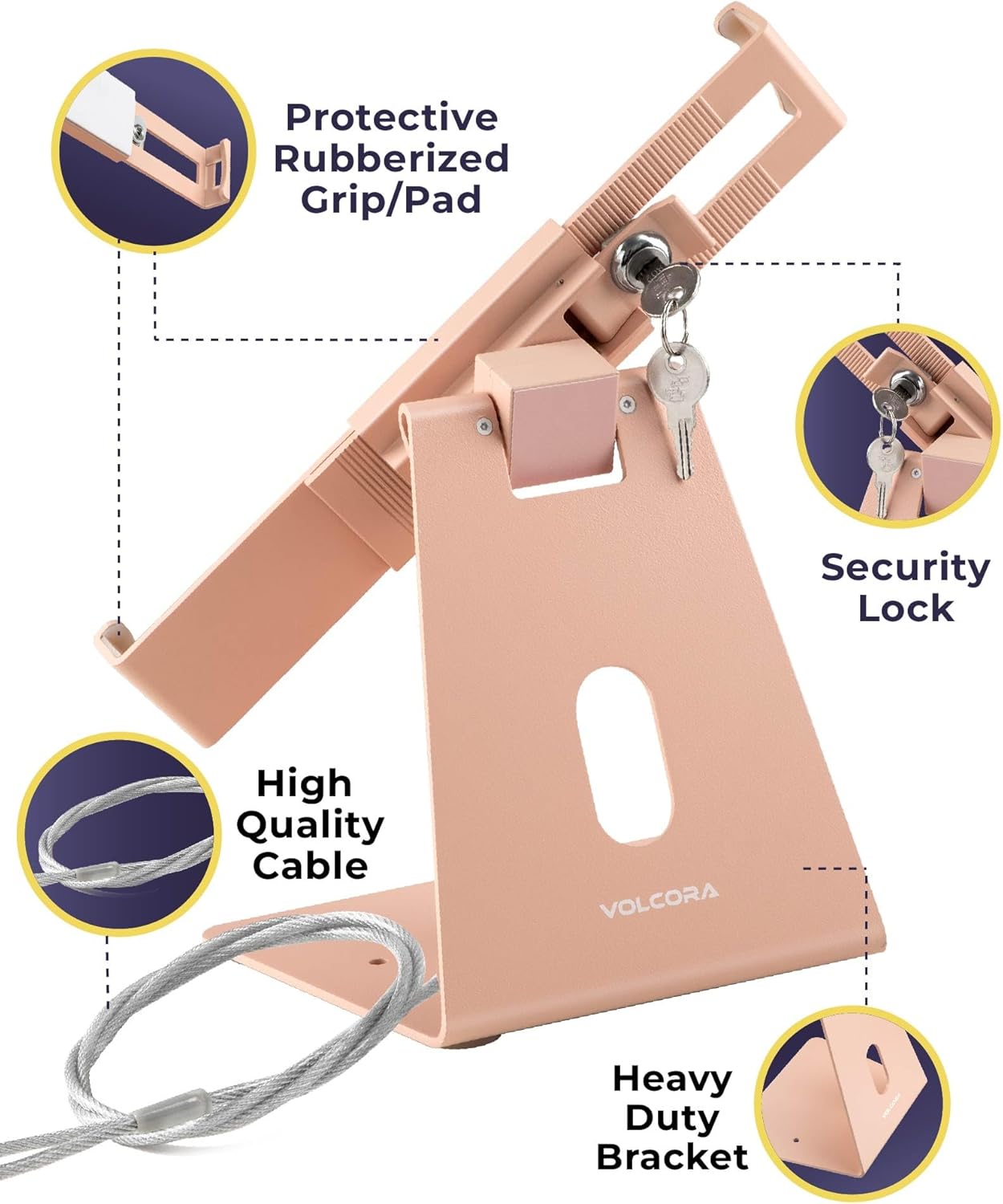 Volcora Anti-Theft Tablet Stand iPad Security Holder with Lock Pink 10-13 Inch Kiosk Stand Mount, Swivel, Adjustable for All iPad, Tablets, POS Register, Retail Business, Checkout, Cashier