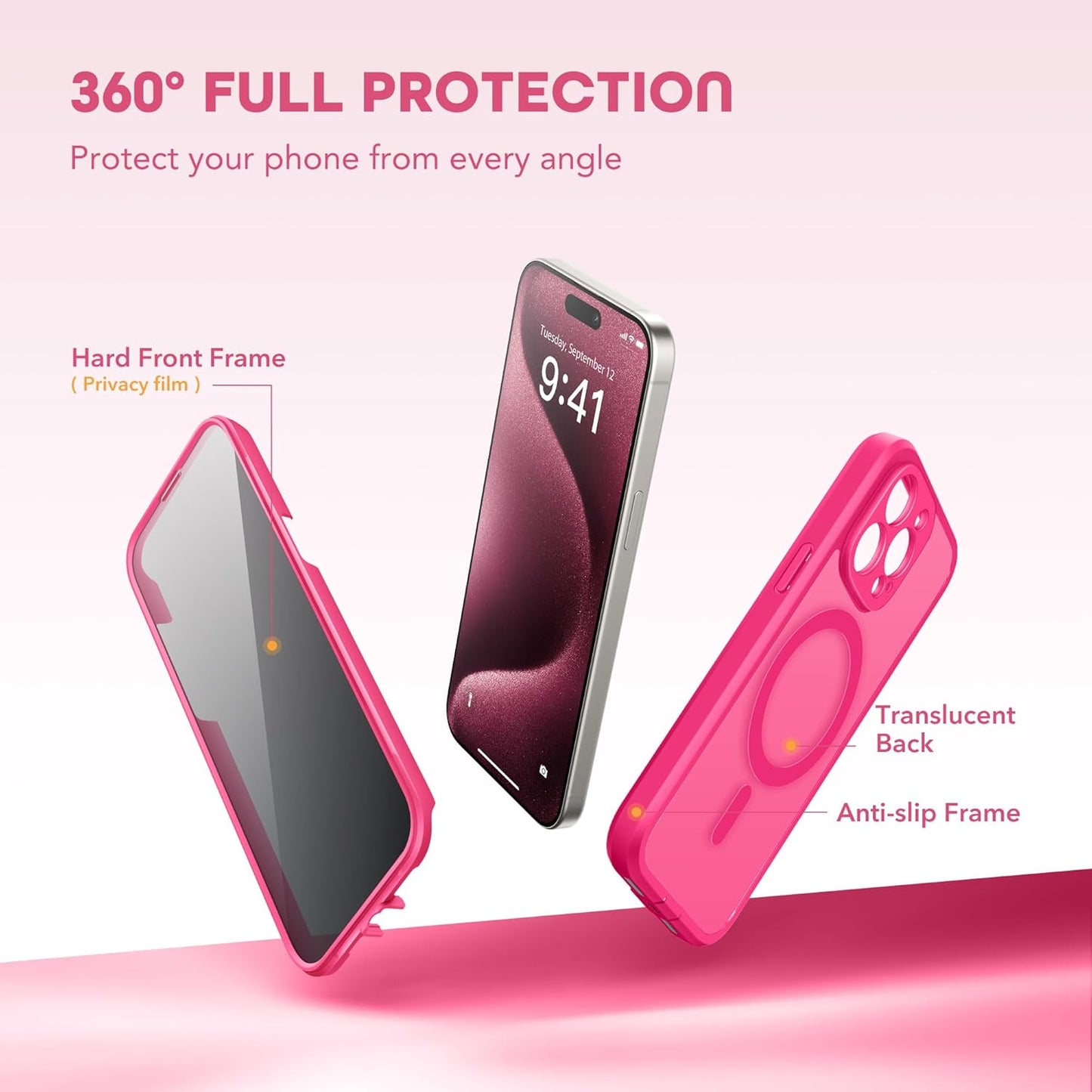 Magnetic for iPhone 15 Pro Max Case, Compatible with MagSafe, Built-in Privacy Screen Protector and Camera Protection, Anti Spy Full Body Dustproof Shockproof Hard Phone Case 6.7", Hot Pink
