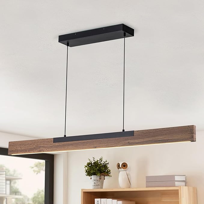 EDISLIVE 49.2 in Wood Linear LED Pendant Light Kitchen Island，Dimmable LED Island Light Adjustable Height 3000K for Dining Room - Black Walnut