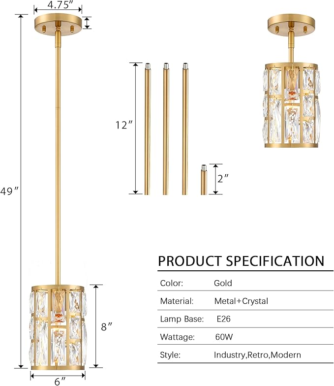 MEXO Modern Crystal Pendant Light Fixture 3-Pack Gold Finish Hanging Lighting Crystal Chandelier for Kitchen Island