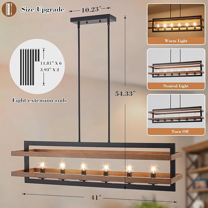 Farmhouse Dining Room Light Fixtures Rectangle Chandeliers Kitchen Island Lighting Vintage Pendant Lights Fixture 6-Lights Wood Grain Iron Chandelier for Dining Room Living Room Kitchen