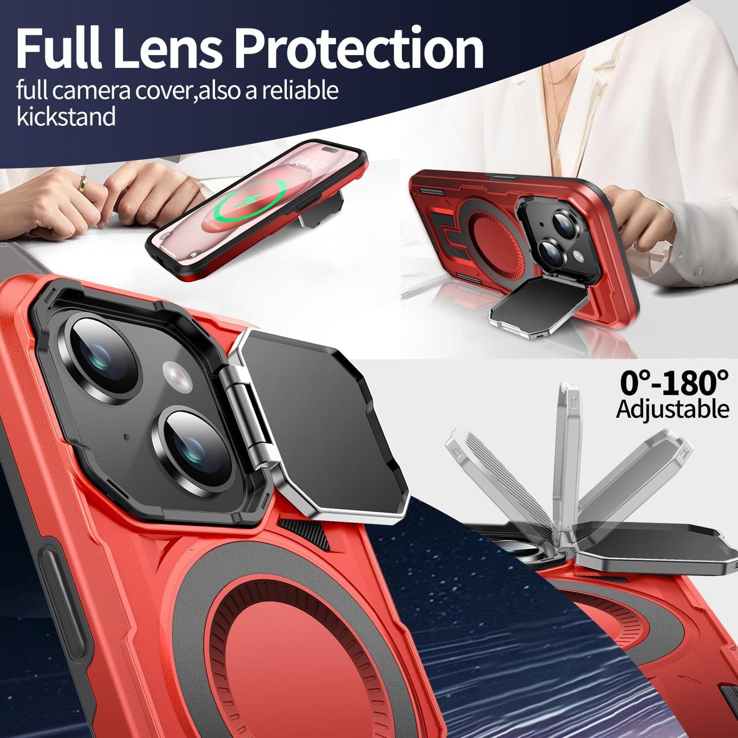 Camera Stand Case for iPhone 15 Plus, [Compatible with Mag Safe] [Lens Cover] 2024 Version Military Grade Protective Soft Case for iPhone 15 Plus 6.7 inch Men Women, Red