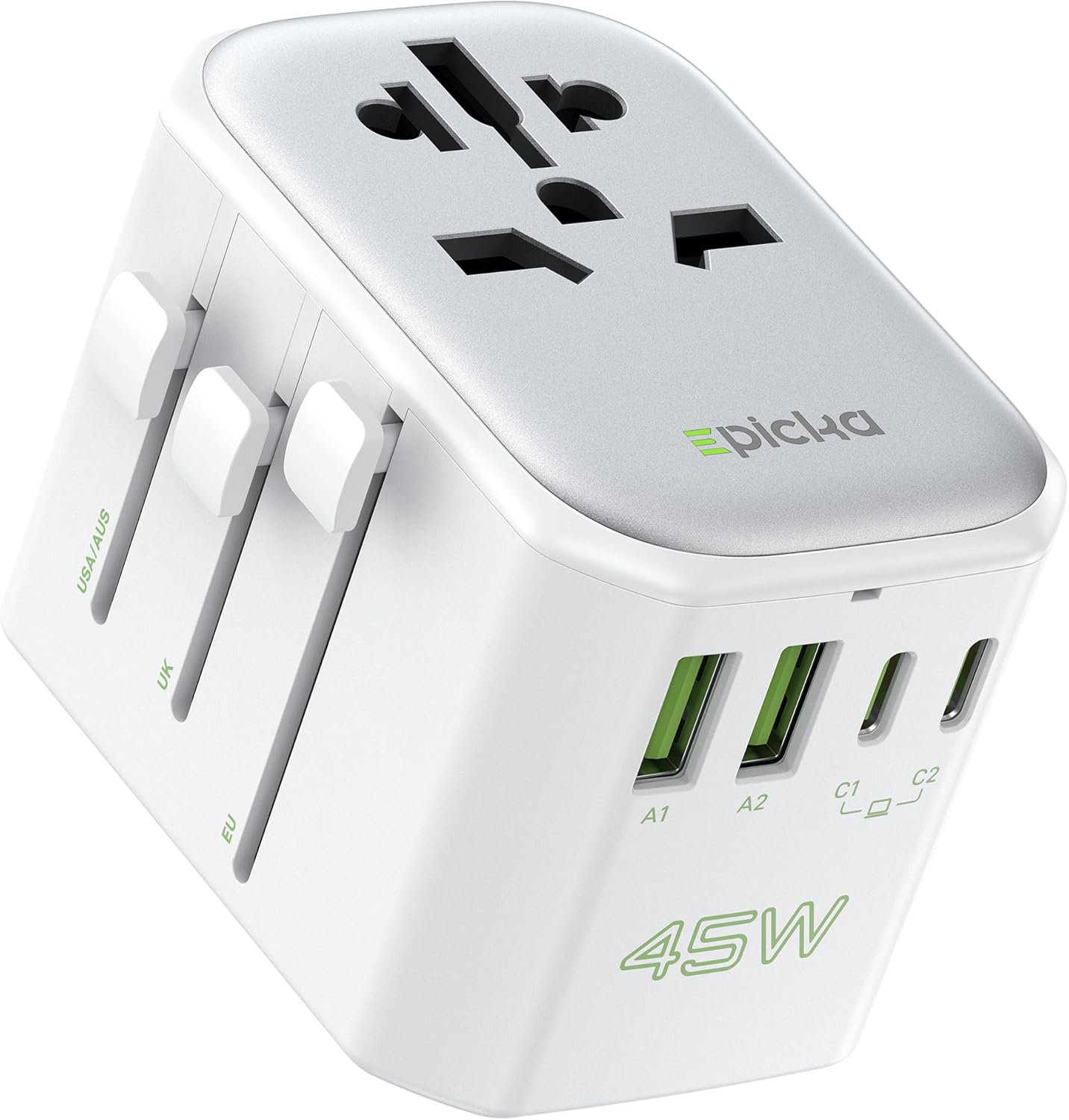 EPICKA Pulse 45W European Travel Plug Adapter, Universal Power Adapter with PD Fast Charging, 5-Port (1 AC/2 USB-A/2 USB-C) International Charger Adapter for Europe, Japan - Travel Essentials (White)