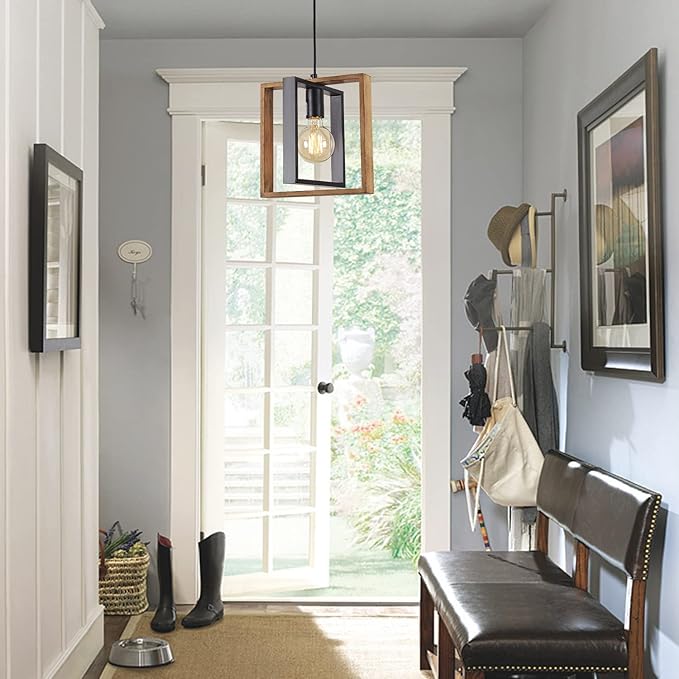 1 Light Kitchen Island Light Modern Black Dining Room Light Fixture Mini Wood Farmhouse Chandelier Hanging Pendant Light Fixtures for Foyer Hallway