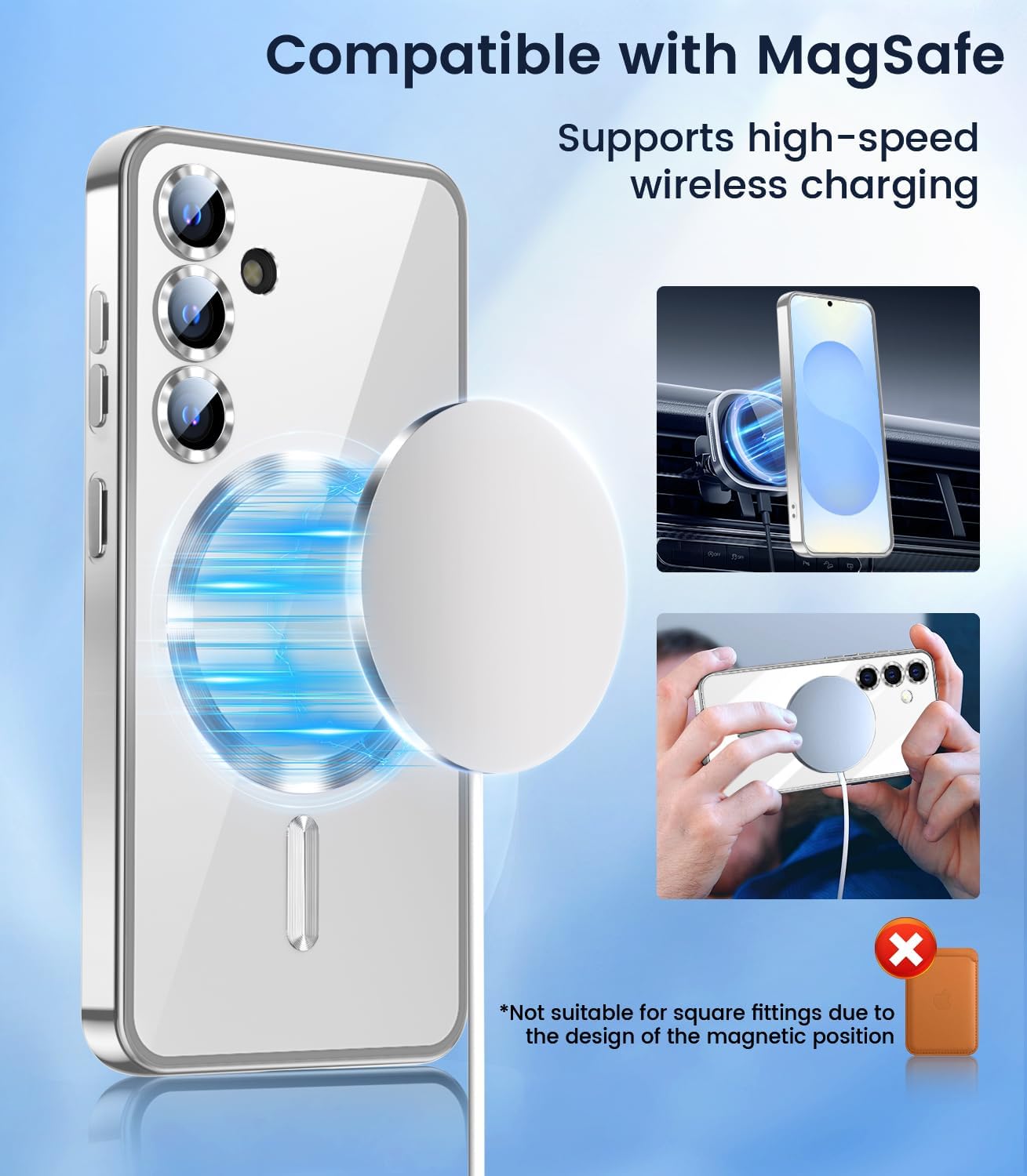 Slim Thin for Samsung Galaxy S25 Case, Compatible with MagSafe, Built-in Camera Lens Protector, Shockproof Protective Phone Case, Soft Electroplated Clear Phone Cover, Silver
