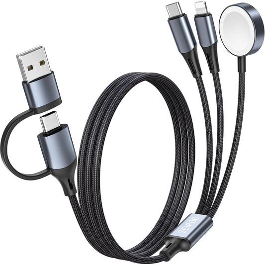 3 in 2 Multi Charging Cable for Apple Watch Charger, Nylon Braided 4FT Multi Chargers for All Devices, USB C Multiple Charger Cord Compatible with iPhone 16 15 14/iWatch UItra/SE/9-1/Galaxy Android