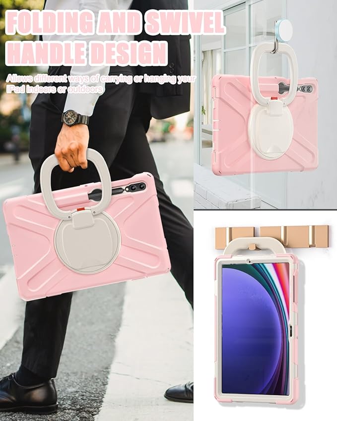 BRAECN Case for Samsung Galaxy Tab S9+/S8+/S7 FE/S7+ 12.4, Drop-Proof Rugged Case with Shoulder Strap, S Pen Holder,Stable Kickstand,Handle Grip for Galaxy Tab S9 Plus SM-X810/X816B/X818U-Sakura Pink